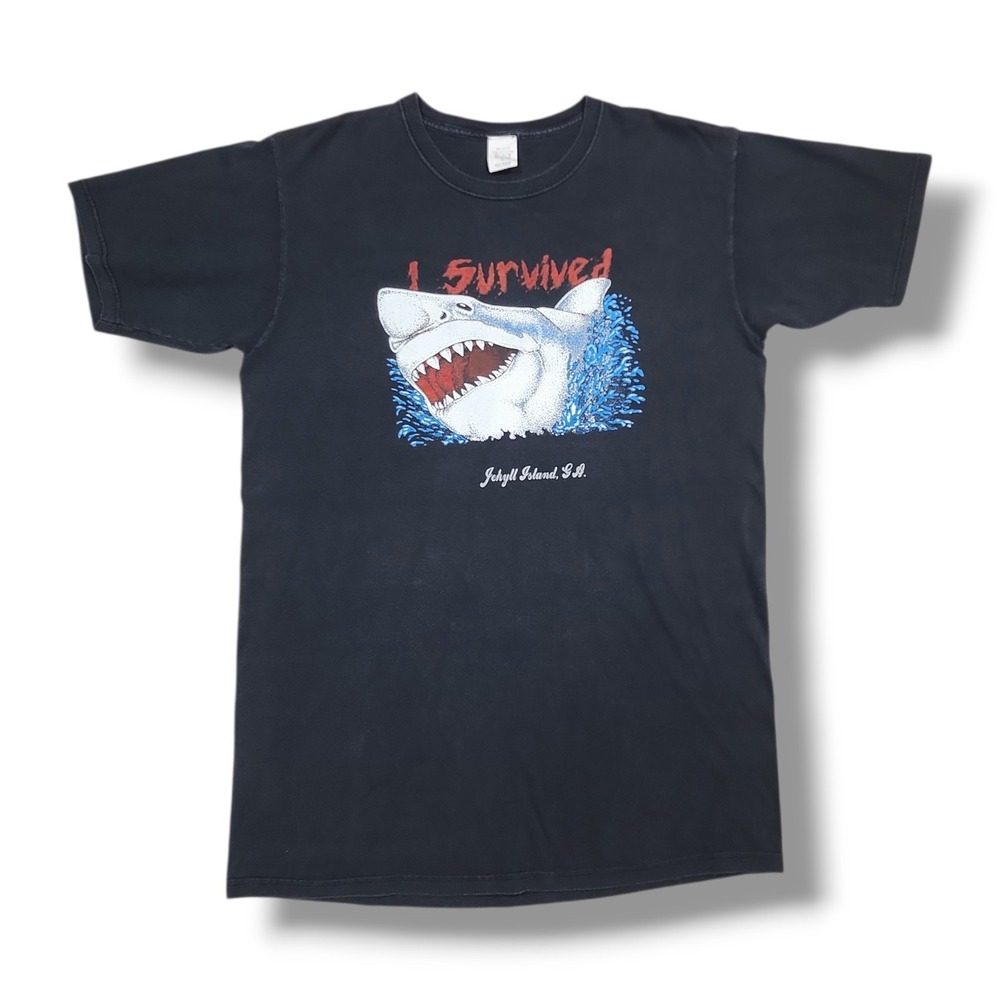 Vintage I Survived Jekyll Island, Ga Shark Black‎ T-Shirt Men's XL USA Made